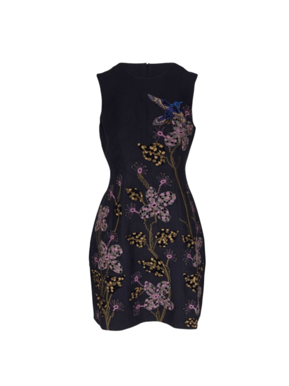 NWOT Adam Lippes Embroidered Sheath Dress Womens 2 Navy Blue Crew Neck Wool Silk